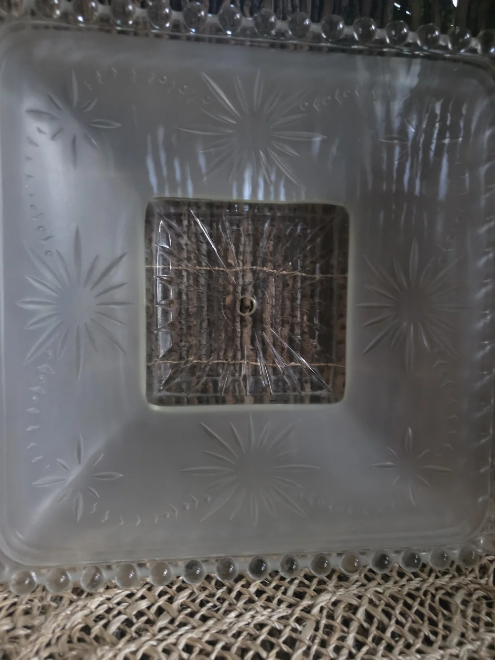 Vintage Frosted Glass Light Shade with Starburst Motif - Clear/White